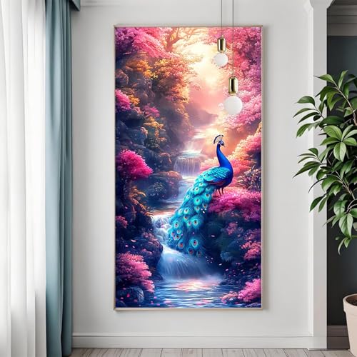 Pfau Diamond Painting XXL 50x100 cm, Diamant Painting Bilder Erwachsene Wasserfall, DIY 5D Eckige Steine Basteln Mädchen 8 Jahre, Diamant Malerei Strass Stickerei Kunst Set für Zimmer Wanddeko A-0 von FeiPride