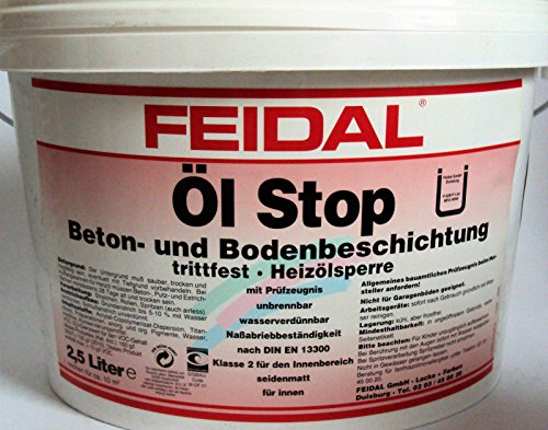 Feidal Öl Stop/betongrau RAL 7023 / matt / 2,5 l/ist eine spezielle schnelltrocknende, heizölbeständige, rissüberbrückende Beton - u. Bodenbeschichtung für den Innenbereich von Feidal GmbH