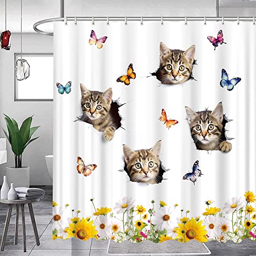 Feierman Duschvorhang mit lustigem Katzen-Motiv, für Badezimmer, kreativ, niedlich, versteckt, mit Haken, 183 x 183 cm, Weiß / Gelb von Feierman