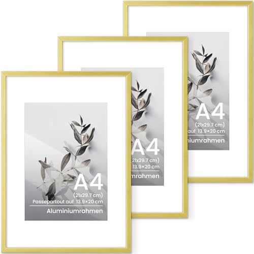 Bilderrahmen A4 Gold, Aluminium A4 Fotorahmen Für 21x29,7 cm-Fotos ohne Passepartout oder 13,9x20 cm-Fotos mit Passepartout, Metall Rahmen Mit gehärtetem Glas Für Zertifikaten, Poster, 3 Packs von Feihorrm