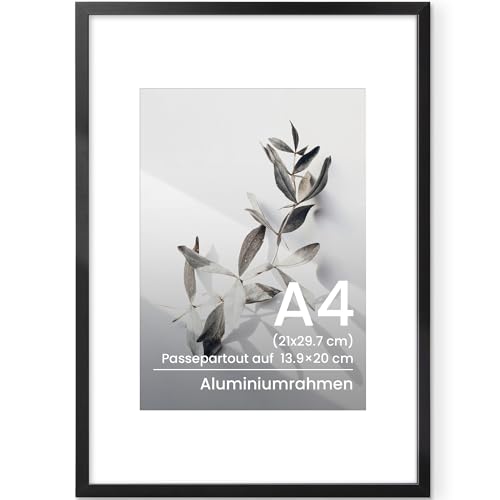 Bilderrahmen A4 Schwarz, Aluminium Metall Bilderrahmen din A4 Fotorahmen Mit gehärtetem Glas, Kinderzeichnungen A4 Rahmen Für 21x29,7 cm-Fotos ohne Passepartout oder 13,9x20 cm-Fotos mit Passepartout von Feihorrm