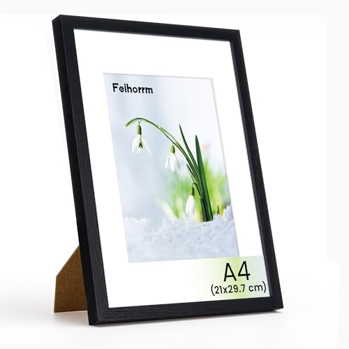Feihorrm Bilderrahmen, A4 Fotorahmen aus Eiche, Mit gehärtetem Glas, Für 21x29,7 cm-Fotos ohne Passepartout oder 13,9x20 cm-Fotos mit Passepartout (Schwarz, A4 (21x29,7 cm)/ 1x) von Feihorrm