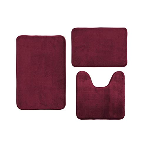 FeiliandaJJ 3pcs Badematten Set, Bad Teppiche Set Coral Velvet Memory Baumwolle rutschfest Waschbar Badgarnitur Badezimmer Matte Set Dusch Vorleger Teppich für Badezimmer Toilet (Weinrot) von FeiliandaJJ