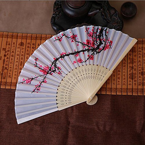 FeiliandaJJ Faltfächer Handfächer Damen Elegant Pflaumenblüte Drucken Chinesischer Stil Fächer für Hochzeits Party Dekoration Geschenk Ethnischer Tanz Chinesisches Kung Fu Sommer Lüfter (Weiß) von FeiliandaJJ