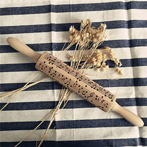 FeiliandaJJ Teigroller Weihnachten 38cm Natürliches Holz Noten Drucken Prägerolle Nudelholz Fondant Roller Backzubehör Werkzeug für Bäcker Fondant Pie Crust Cookie & Teig (Gelb) von FeiliandaJJ