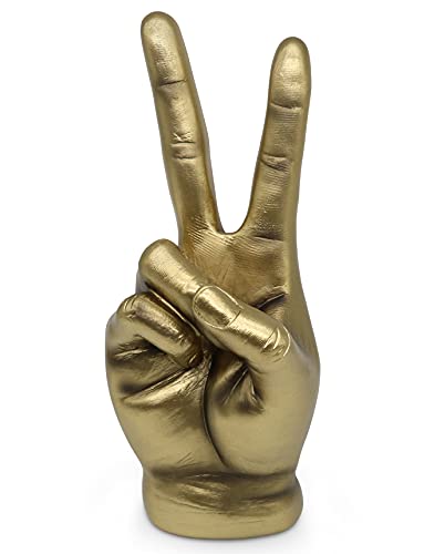 FeinKnick goldenes Victory Zeichen zur Dekoration - Moderne Skulptur in Gold - goldene Hand aus Marmoritharz 20cm für Schreibtisch Wohnzimmer & Büro - Design Deko Finger vergoldet als Peace Symbol von FeinKnick