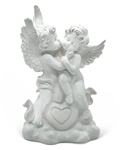 FeinKnick großes Engelpaar als Deko Figur - liebevolle Engelsfigur mit Herz 25 cm groß aus Marmorit in Weiß - Skulptur Dekoengel als Dekoration - Engel als Symbol für Verbundenheit zweier Menschen von FeinKnick