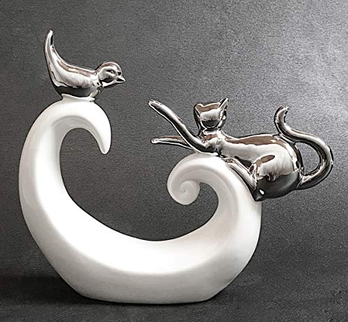 FeinKnick stilvolle Deko mit spielender Katze und Vogel - weiß & silber Katzen Dekoration aus Keramik - moderne Katzenfigur 20cm hoch von FeinKnick
