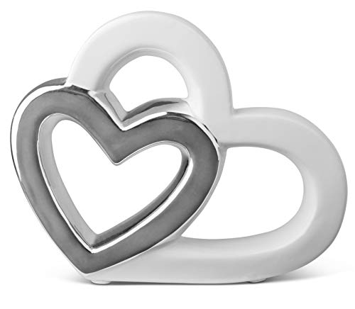 FeinKnick Stilvolles Herz zur Dekoration - Deko Figur aus Keramik in Herzform 16cm - modernes Dekoherz weiß & Silber - Keramikherz als Deco - Herzen gut als Geschenk geeignet von FeinKnick