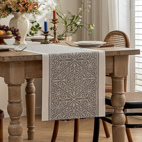 Baumwolle Leinen Tischläufer 35 x 140 cm, Frühlingsdeko Tischläufer mit Lotuseffekt, Abwaschbar und Wasserabweisend, Modern Geometrisches Musterdesign Dekoration Table Runner für Esstisch und Party von FeinKulturia