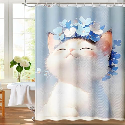 FeinKulturia Duschvorhang Katze 180x200 Verdickten Waschbar Anti Schimmel Wasserdicht Lustiges Motiv Badewanne Vorhang Polyester Badvorhang mit 12 Duschvorhangringen und Beschwertem Saum von FeinKulturia
