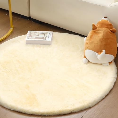 FeinKulturia Teppich Rund 120 cm, Kaninchenfellimitat Hochflor Waschbare Teppiche, Flauschig EIN Rutschfester Weicher Teppich für Wohnzimmer, Schlafzimmer und Kinderzimmer von FeinKulturia