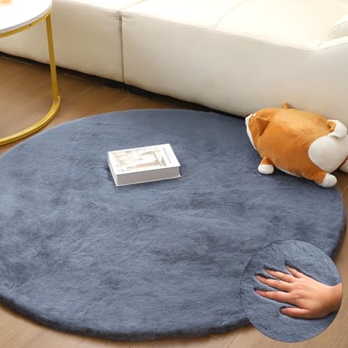 FeinKulturia Teppich Rund 120 cm, Kaninchenfellimitat Hochflor Waschbare Teppiche, Flauschig EIN Rutschfester Weicher kinderteppich rund für Wohnzimmer, Schlafzimmer von FeinKulturia