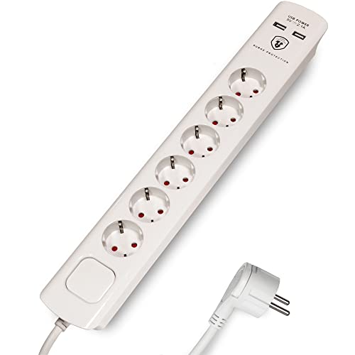 FeinTech Steckdosenleiste mit USB und Flachstecker, 6-Fach Mehrfachsteckdose mit Schalter, Überspannungsschutz und 3m Kabel, MD000633 von FeinTech