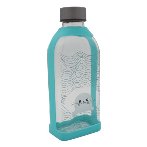 Feinsam Design Glasflasche Trinkflasche - nachhaltig, plastikfrei, hygienisch, leicht, robust - flache Glastrinkflasche aus Borosilikat- Glas, 550ml, "Robbe" türkis von Feinsam