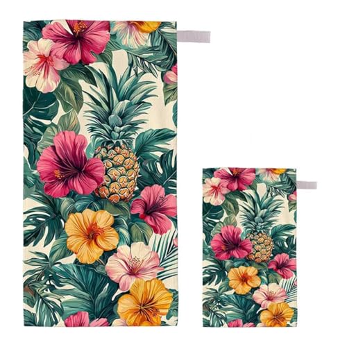Strandtuch Blume Strandtuch XXL 100x200cm/35x70cm, 2er Set Mikrofaser Handtuch Groß Saunahandtuch, Schnell Trocknend Stranddecke Sandfrei, Badetuch Leicht für Fitness Sporthandtuch Reisehandtuch H-84 von Feionnug