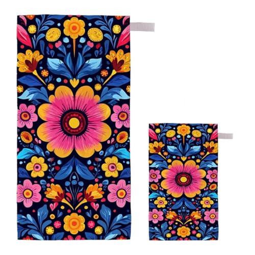 Strandtuch Blume Strandtuch XXL 220x100cm/35x70cm, 2er Set Mikrofaser Handtuch Groß Saunahandtuch, Schnell Trocknend Stranddecke Sandfrei, Badetuch Leicht für Fitness Sporthandtuch Reisehandtuch H-34 von Feionnug