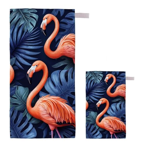 Strandtuch Flamingo Strandtuch XXL 75x150cm/35x70cm, 2er Set Mikrofaser Handtuch Groß Saunahandtuch, Schnell Trocknend Stranddecke Sandfrei, Badetuch Leicht für Fitness Sporthandtuch Saunatuch A-81 von Feionnug
