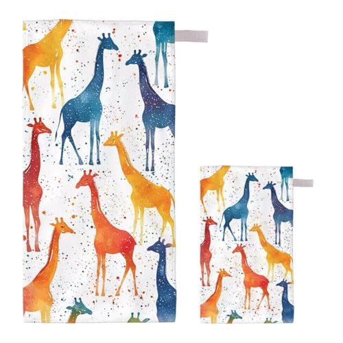 Strandtuch Giraffe Strandtuch XXL 60x120cm/35x70cm, 2er Set Mikrofaser Handtuch Groß Saunahandtuch, Schnell Trocknend Stranddecke Sandfrei, Badetuch Leicht für Fitness Sporthandtuch Reisehandtuch E-19 von Feionnug