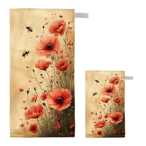 Strandtuch Mohn Strandtuch XXL 100x200cm/35x70cm, 2er Set Mikrofaser Handtuch Groß Saunahandtuch, Schnell Trocknend Stranddecke Sandfrei, Badetuch Leicht für Fitness Sporthandtuch Reisehandtuch E-29 von Feionnug