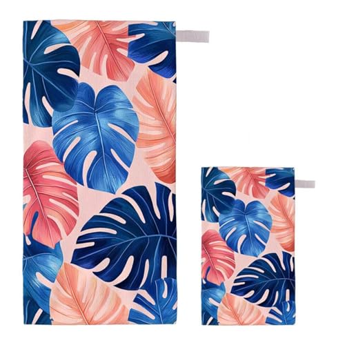 Strandtuch Palmblätter Strandtuch XXL 80x160cm/35x70cm, 2er Set Mikrofaser Handtuch Groß Saunahandtuch, Schnell Trocknend Stranddecke Sandfrei, Badetuch Leicht für Fitness Sporthandtuch Saunatuch E-43 von Feionnug