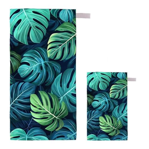 Strandtuch Palmblätter Strandtuch XXL 80x160cm/35x70cm, 2er Set Mikrofaser Handtuch Groß Saunahandtuch, Schnell Trocknend Stranddecke Sandfrei, Badetuch Leicht für Fitness Sporthandtuch Saunatuch G-45 von Feionnug