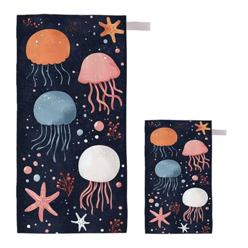 Strandtuch Qualle Strandtuch XXL 80x160cm/35x70cm, 2er Set Mikrofaser Handtuch Groß Saunahandtuch, Schnell Trocknend Stranddecke Sandfrei, Badetuch Leicht für Fitness Sporthandtuch Reisehandtuch H-82 von Feionnug