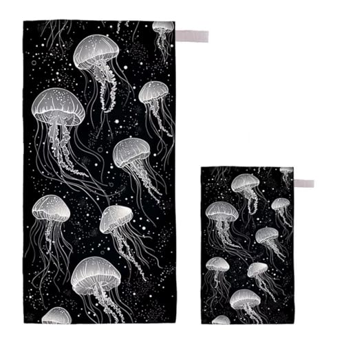 Strandtuch Qualle Strandtuch XXL 90x200cm/35x70cm, 2er Set Mikrofaser Handtuch Groß Saunahandtuch, Schnell Trocknend Stranddecke Sandfrei, Badetuch Leicht für Fitness Sporthandtuch Reisehandtuch E-21 von Feionnug