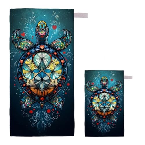 Strandtuch Schildkröte Strandtuch XXL 100x200cm/35x70cm, 2er Set Mikrofaser Handtuch Groß Saunahandtuch, Schnell Trocknend Stranddecke Sandfrei, Badetuch Leicht für Fitness Yogatuch Saunatuch H-80 von Feionnug