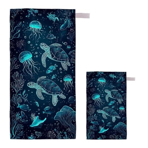 Strandtuch Schildkröte Strandtuch XXL 75x150cm/35x70cm, 2er Set Mikrofaser Handtuch Groß Saunahandtuch, Schnell Trocknend Stranddecke Sandfrei, Badetuch Leicht für Fitness Sporthandtuch Saunatuch G-61 von Feionnug