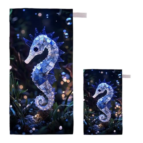 Strandtuch Seepferdchen Strandtuch XXL 90x200cm/35x70cm, 2er Set Mikrofaser Handtuch Groß Saunahandtuch, Schnell Trocknend Stranddecke Sandfrei, Badetuch Leicht für Fitness Yogatuch Saunatuch G-71 von Feionnug