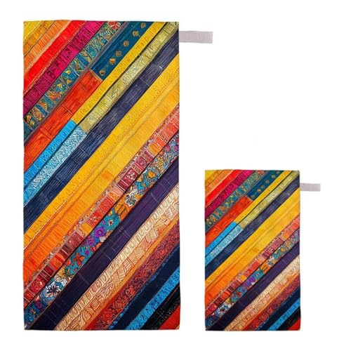 Strandtuch Streifen Strandtuch XXL 100x200cm/35x70cm, 2er Set Mikrofaser Handtuch Groß Saunahandtuch, Schnell Trocknend Stranddecke Sandfrei, Badetuch Leicht für Fitness Sporthandtuch Saunatuch E-33 von Feionnug