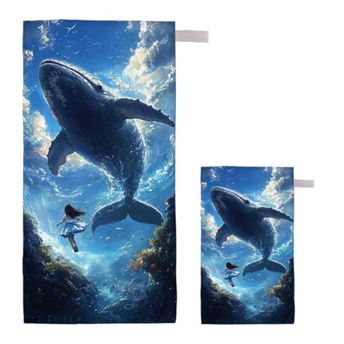 Strandtuch Wal Strandtuch XXL 60x120cm/35x70cm, 2er Set Mikrofaser Handtuch Groß Saunahandtuch, Schnell Trocknend Stranddecke Sandfrei, Badetuch Leicht für Fitness Sporthandtuch Reisehandtuch G-85 von Feionnug