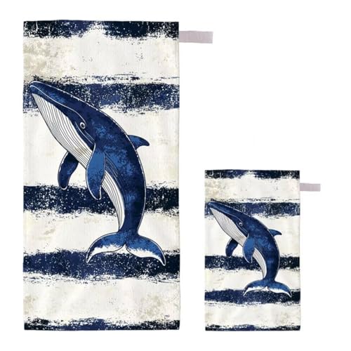 Strandtuch Wal Strandtuch XXL 90x200cm/35x70cm, 2er Set Mikrofaser Handtuch Groß Saunahandtuch, Schnell Trocknend Stranddecke Sandfrei, Badetuch Leicht für Fitness Sporthandtuch Reisehandtuch G-77 von Feionnug