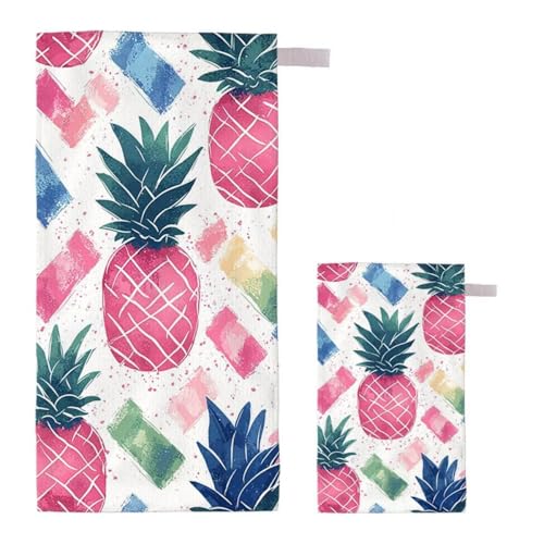 Strandtuch XXL 100x200cm/35x70cm 2er Set Mikrofaser Strandtuch, Schnelltrocknend Strandliege Kompakt Sandfrei Saunahandtuch mit Tasche, Mikrofaser Handtuch für Strand Reise Urlaub (Ananas) E-8 von Feionnug