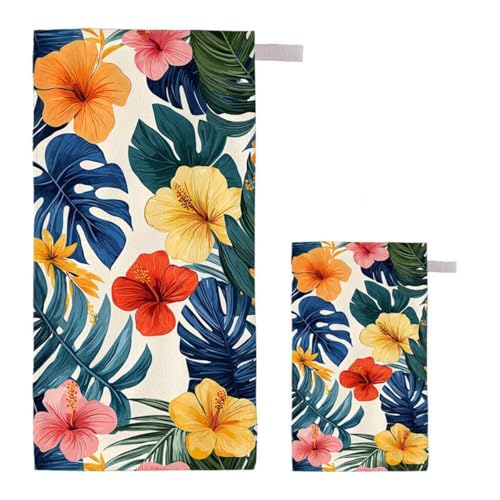 Strandtuch XXL 100x200cm/35x70cm 2er Set Mikrofaser Strandtuch, Schnelltrocknend Strandliege Kompakt Sandfrei Saunahandtuch mit Tasche, Mikrofaser Handtuch für Strand Reise Urlaub (Blume) E-44 von Feionnug