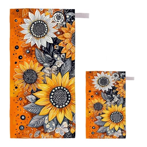 Strandtuch XXL 100x200cm/35x70cm 2er Set Mikrofaser Strandtuch, Schnelltrocknend Strandliege Kompakt Sandfrei Saunahandtuch mit Tasche, Mikrofaser Handtuch für Strand Reise Urlaub (Chrysantheme) A-62 von Feionnug