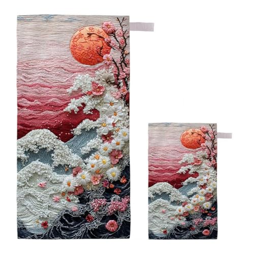 Strandtuch XXL 100x200cm/35x70cm 2er Set Mikrofaser Strandtuch, Schnelltrocknend Strandliege Kompakt Sandfrei Saunahandtuch mit Tasche, Mikrofaser Handtuch für Strand Reise Urlaub (Landschaft) A-70 von Feionnug