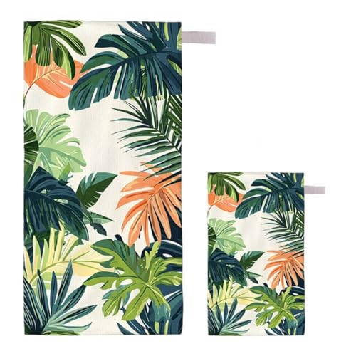 Strandtuch XXL 220x100cm/35x70cm 2er Set Mikrofaser Strandtuch, Schnelltrocknend Strandliege Kompakt Sandfrei Saunahandtuch mit Tasche, Mikrofaser Handtuch für Strand Reise Urlaub (Blätter) A-58 von Feionnug