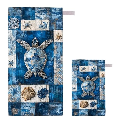 Strandtuch XXL 220x100cm/35x70cm 2er Set Mikrofaser Strandtuch, Schnelltrocknend Strandliege Kompakt Sandfrei Saunahandtuch mit Tasche, Mikrofaser Handtuch für Strand Reise Urlaub (Schildkröte) F-21 von Feionnug