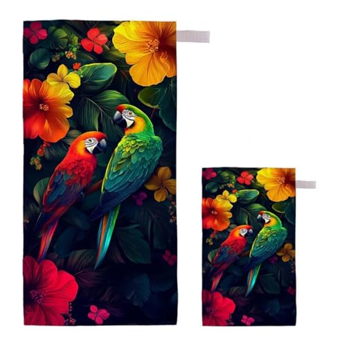 Strandtuch XXL 60x120cm/35x70cm 2er Set Mikrofaser Strandtuch, Schnelltrocknend Strandliege Kompakt Sandfrei Saunahandtuch mit Tasche, Mikrofaser Handtuch für Strand Reise Urlaub (Papagei) E-42 von Feionnug