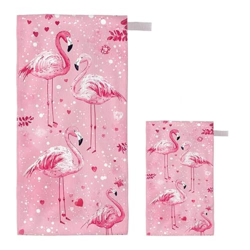 Strandtuch XXL 60x120cm/35x70cm 2er Set Mikrofaser Strandtuch, Schnelltrocknend Strandliege Kompakt Sandfrei Saunahandtuch mit Tasche, Mikrofaser Handtuch für Strand Reise Urlaub (Rosa Flamingo) H-55 von Feionnug
