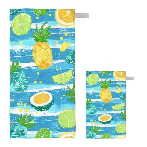 Strandtuch XXL 70x140cm/35x70cm 2er Set Mikrofaser Strandtuch, Schnelltrocknend Strandliege Kompakt Sandfrei Saunahandtuch mit Tasche, Mikrofaser Handtuch für Strand Reise Urlaub (Ananas) A-80 von Feionnug