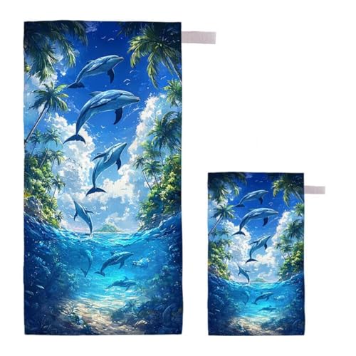 Strandtuch XXL 70x140cm/35x70cm 2er Set Mikrofaser Strandtuch, Schnelltrocknend Strandliege Kompakt Sandfrei Saunahandtuch mit Tasche, Mikrofaser Handtuch für Strand Reise Urlaub (Landschaft) E-90 von Feionnug