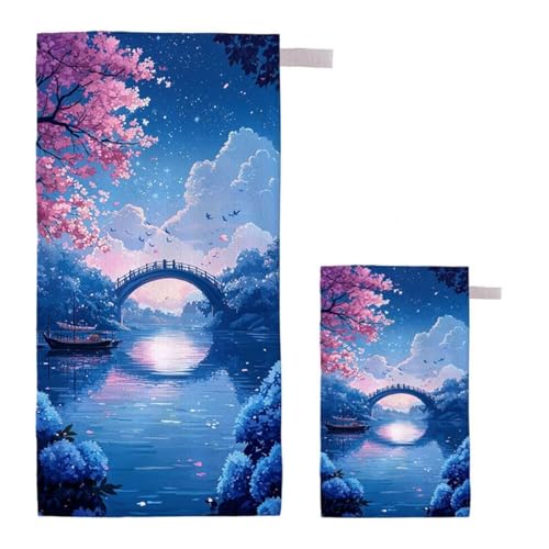 Strandtuch XXL 75x150cm/35x70cm 2er Set Mikrofaser Strandtuch, Schnelltrocknend Strandliege Kompakt Sandfrei Saunahandtuch mit Tasche, Mikrofaser Handtuch für Strand Reise Urlaub (Brücke) I-12 von Feionnug