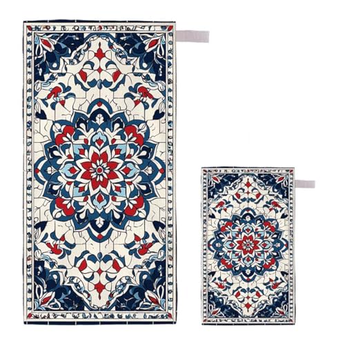 Strandtuch XXL 75x150cm/35x70cm 2er Set Mikrofaser Strandtuch, Schnelltrocknend Strandliege Kompakt Sandfrei Saunahandtuch mit Tasche, Mikrofaser Handtuch für Strand Reise Urlaub (Indien) E-34 von Feionnug