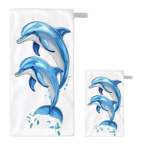 Strandtuch XXL 80x160cm/35x70cm 2er Set Mikrofaser Strandtuch, Schnelltrocknend Strandliege Kompakt Sandfrei Saunahandtuch mit Tasche, Mikrofaser Handtuch für Strand Reise Urlaub (Delphin) F-5 von Feionnug