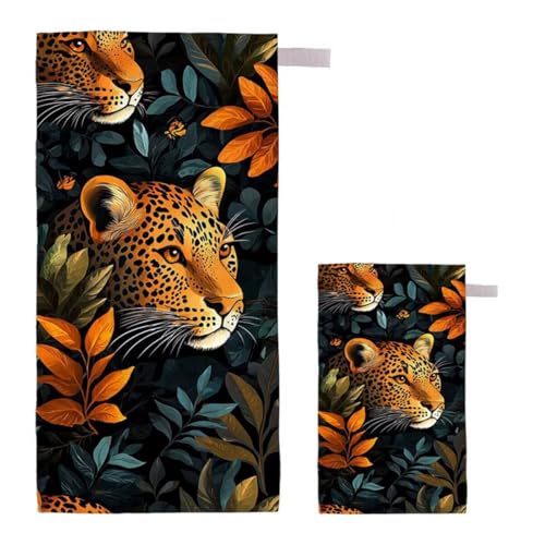 Strandtuch XXL 90x200cm/35x70cm 2er Set Mikrofaser Strandtuch, Schnelltrocknend Strandliege Kompakt Sandfrei Saunahandtuch mit Tasche, Mikrofaser Handtuch für Strand Reise Urlaub (Leopard) I-92 von Feionnug