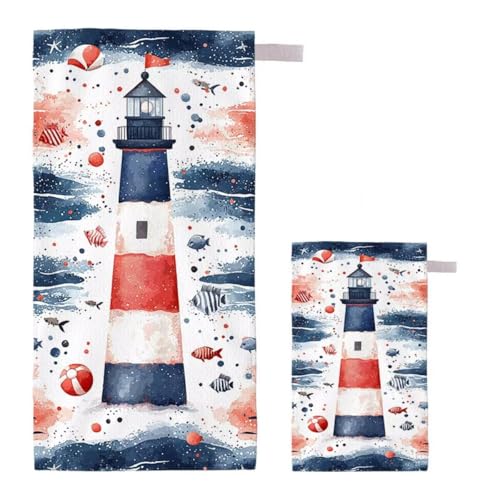 Strandtuch XXL 90x200cm/35x70cm 2er Set Mikrofaser Strandtuch, Schnelltrocknend Strandliege Kompakt Sandfrei Saunahandtuch mit Tasche, Mikrofaser Handtuch für Strand Reise Urlaub (Leuchtturm) J-49 von Feionnug