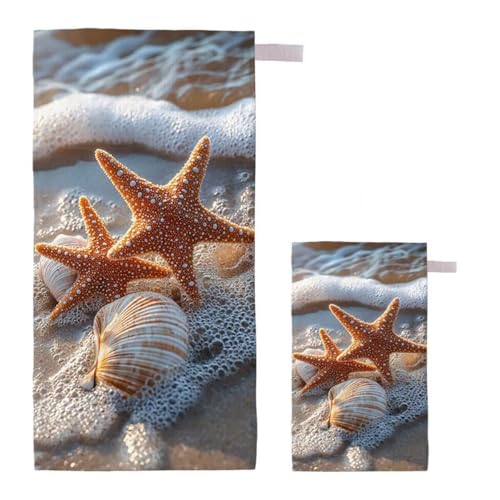 Strandtuch XXL 90x200cm/35x70cm 2er Set Mikrofaser Strandtuch, Schnelltrocknend Strandliege Kompakt Sandfrei Saunahandtuch mit Tasche, Mikrofaser Handtuch für Strand Reise Urlaub (Seestern) B-43 von Feionnug